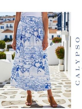 Calypso St. Barth Blue & White Linen Blend Coastal Inspired Toile Maxi Skirt